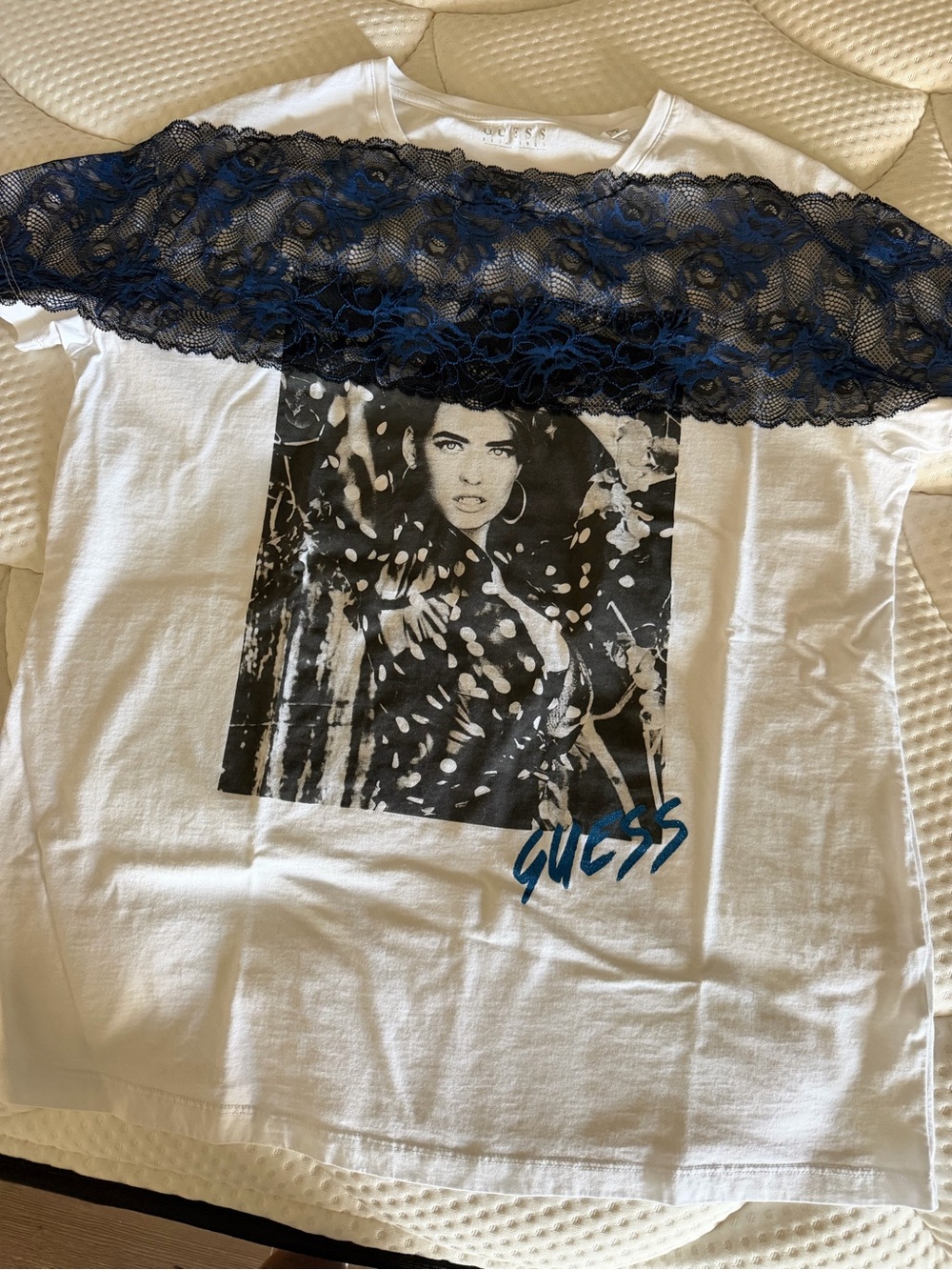 Guess White Tee with Black Photo Print and Navy Lace Trim